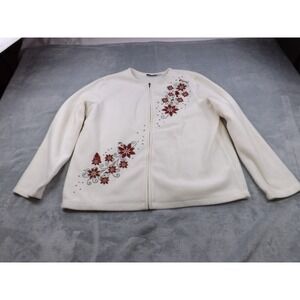 Croft‎ & Barrow Cardigan Women's XL Fleece Full Zip Cream/Multi Color Christmas